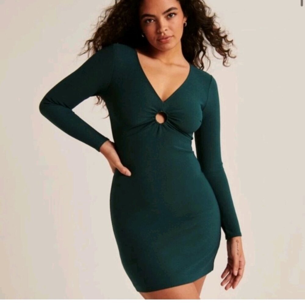 Abercrombie & Fitch Stretch Long-Sleeve O-Ring Mini Dress XS Dark Teal